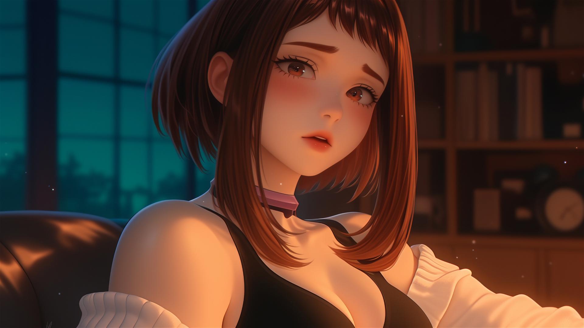 Ochaco Uraraka from My Hero Academia in an apartment at sunrise with warm light