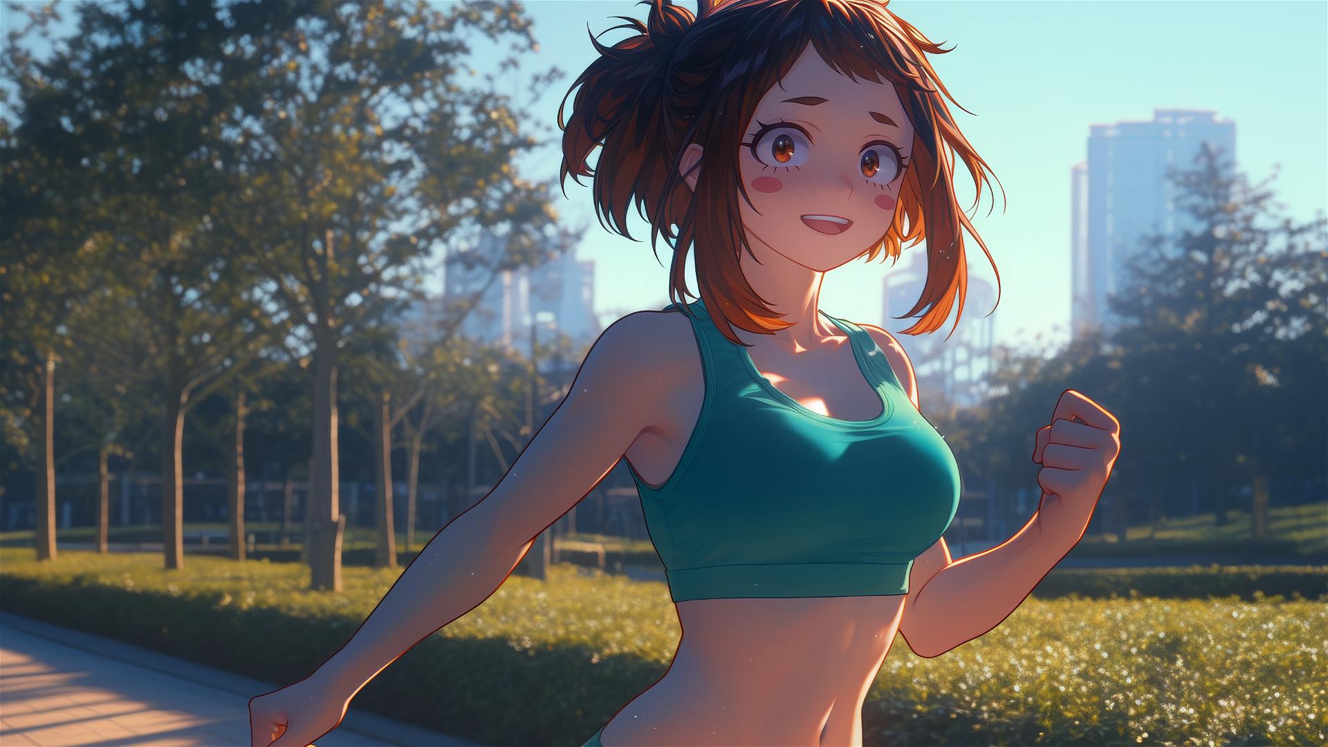 Ochaco Uraraka running leisurely in a quiet modern park at sunrise, warm light glow.