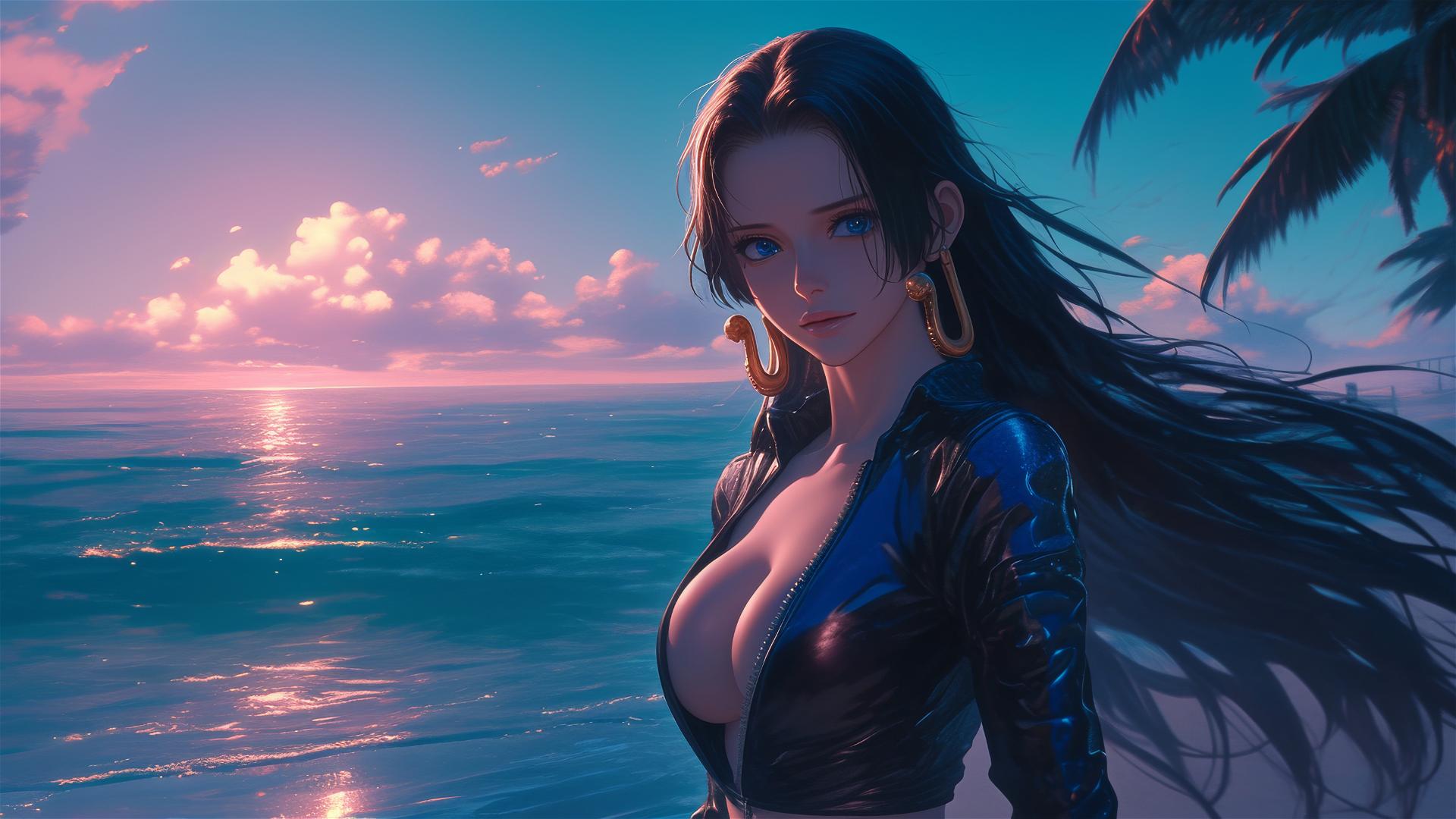 Boa Hancock from One Piece striding across a beach at sunset in a black and pink leather outfit with a neon pink sky.