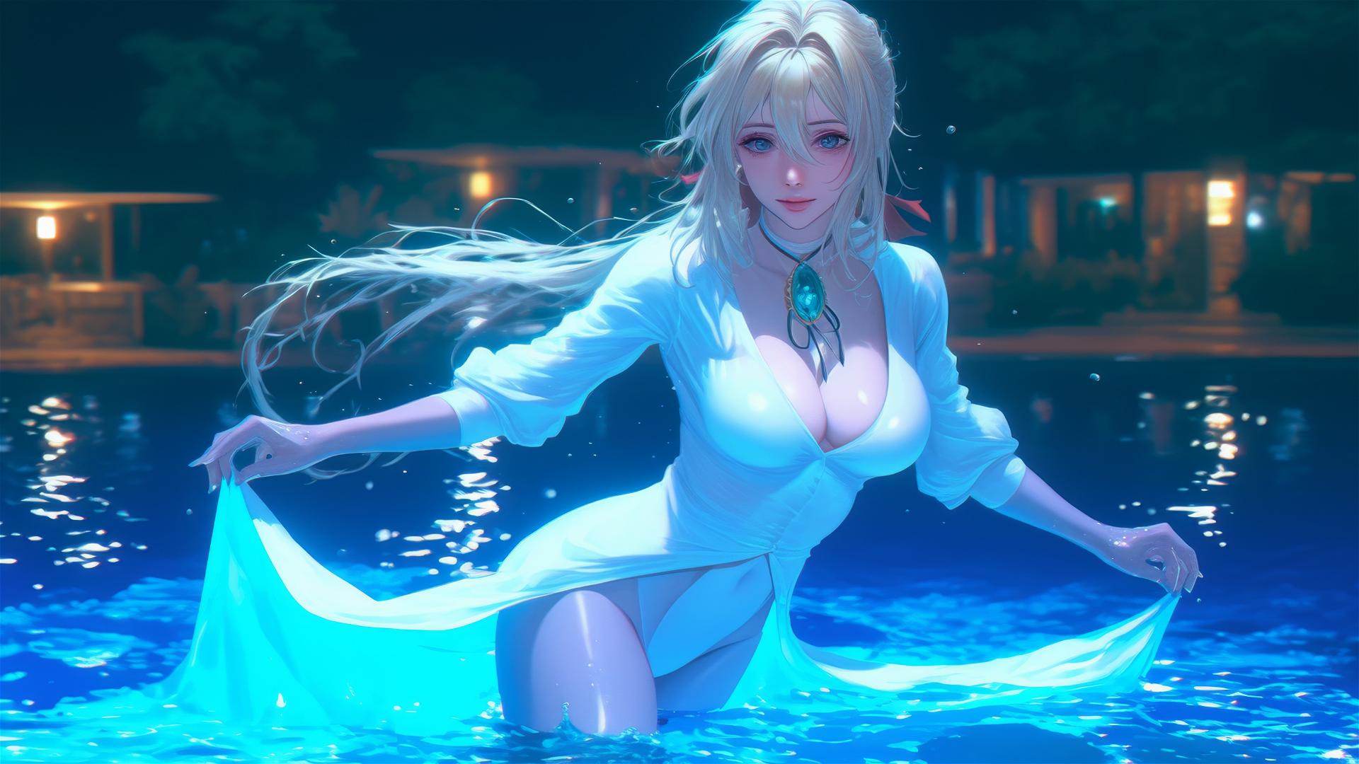Violet Evergarden jumping out of a swimming pool under moonlight.