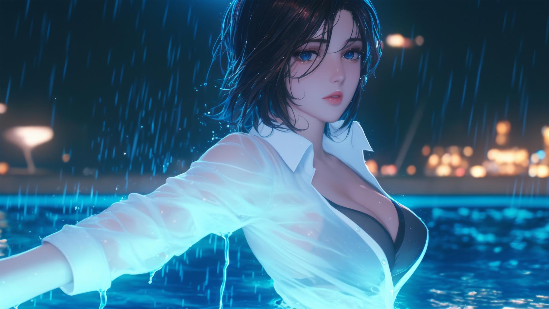 Mikasa Ackerman in a white office shirt jumping from a rainy swimming pool, moonlight glow