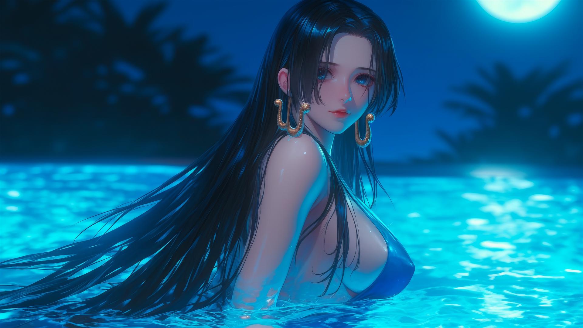 Boa Hancock from One Piece jumping high out of a swimming pool, illuminated by moonlight.