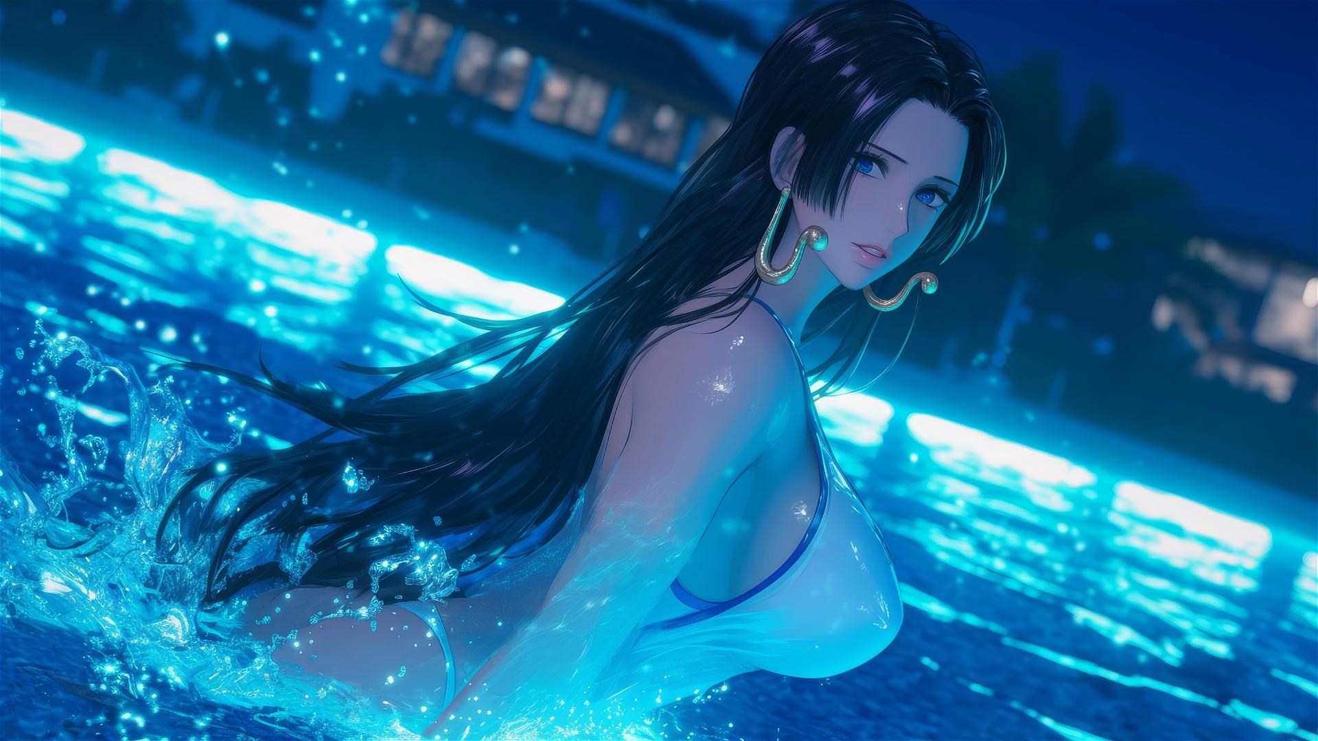 Low angle view of Boa Hancock from One Piece jumping out of a swimming pool under moonlight.