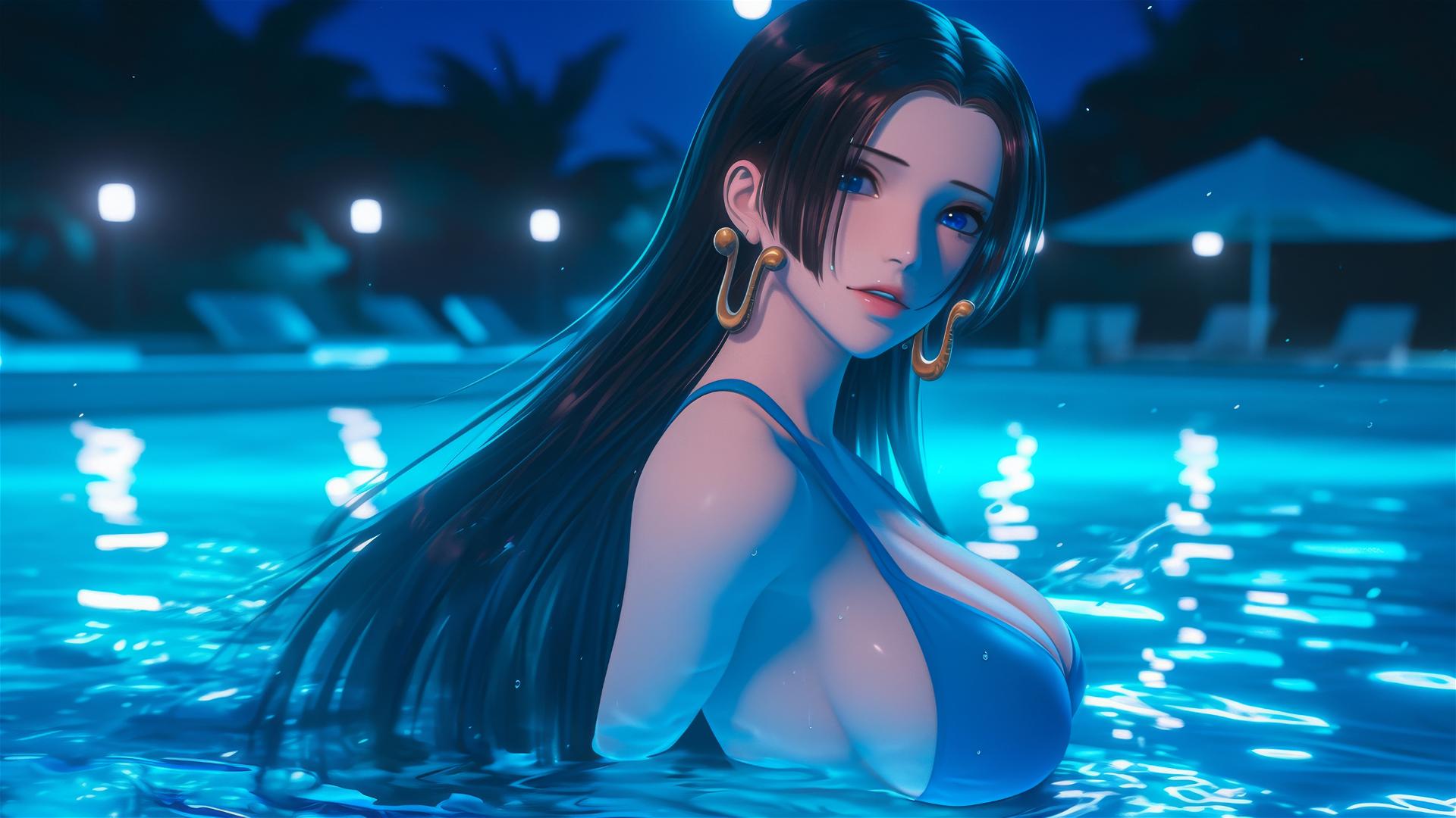 Boa Hancock from One Piece leaping from a pool under moonlight