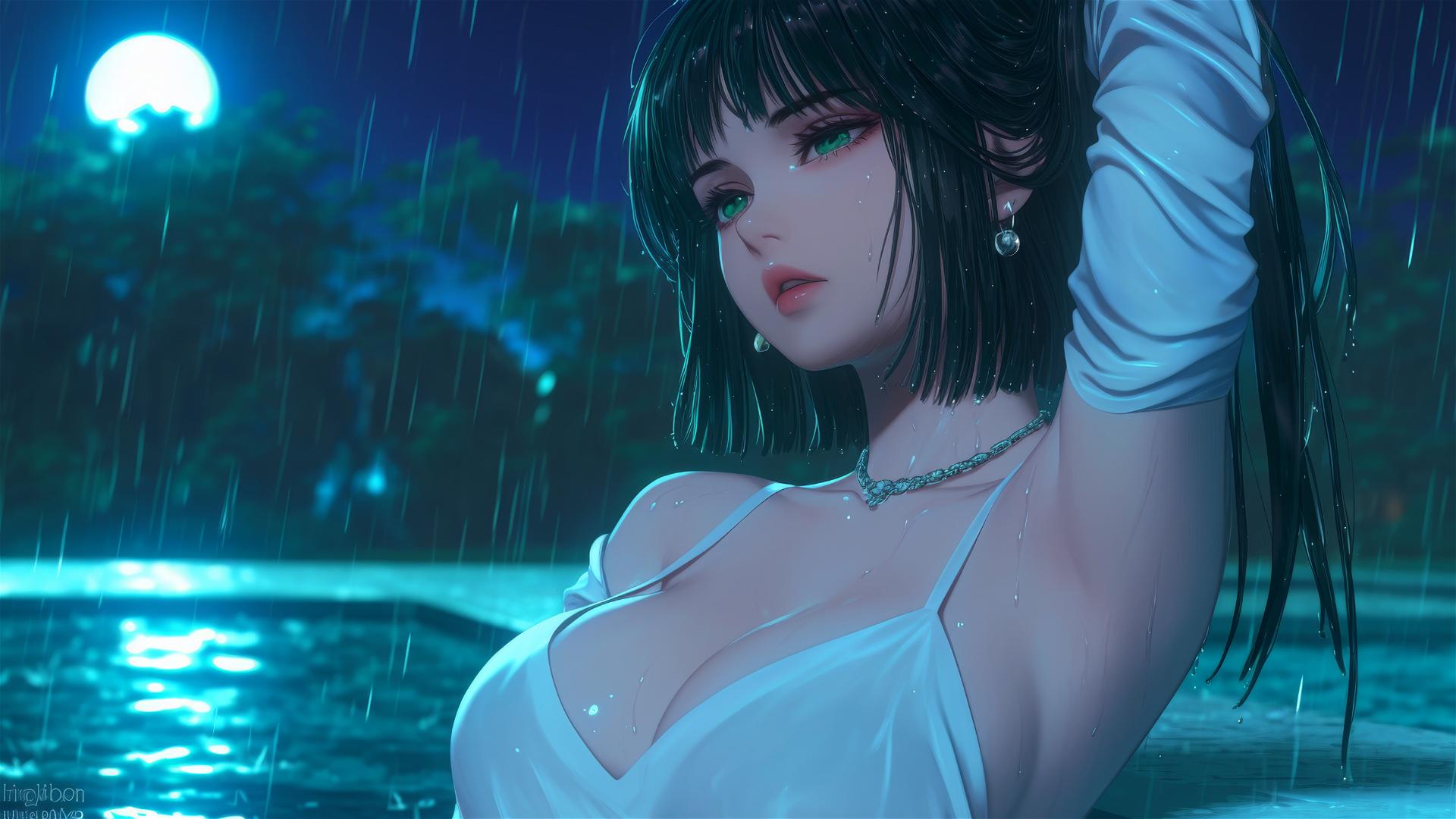Fubuki from One Punch Man resting at a rainy pool lit by moonlight