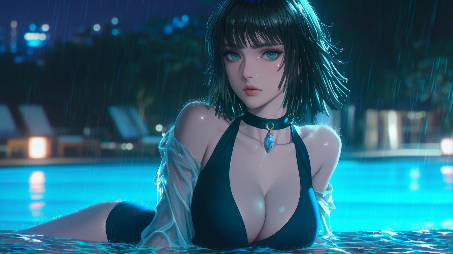 Fubuki from One Punch Man resting at a moonlit rainy swimming pool with dark green bob hair and light green eyes.