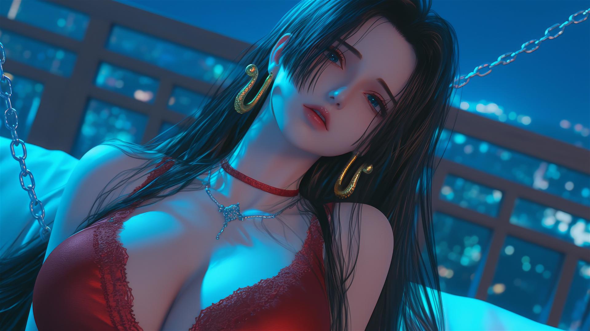 Boa Hancock in red, neck locked with iron chains, in a moonlit modern hotel room