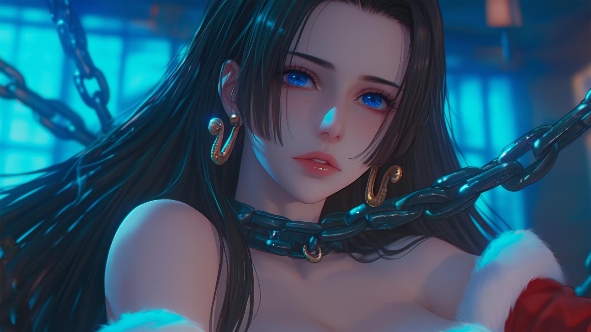 Boa Hancock in Christmas attire, chained in modern hotel, neon glow, pink background