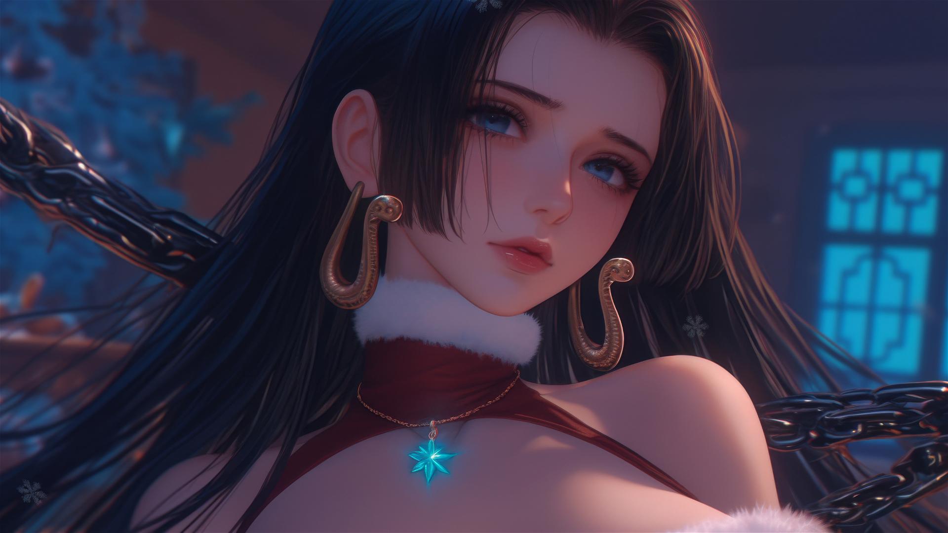 Boa Hancock in Christmas costume with chains in neon-lit room
