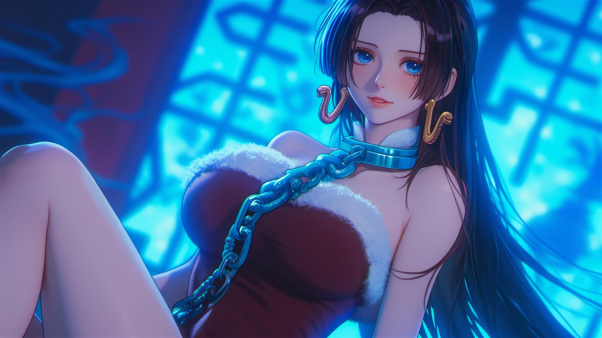 Boa Hancock from One Piece in Christmas costume, chained in neon-lit hotel room