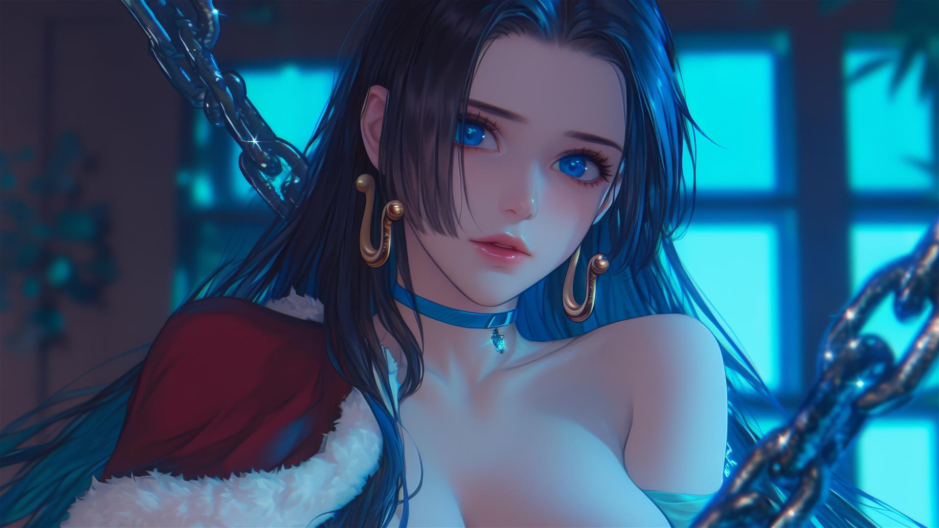 Boa Hancock in Christmas costume with iron chains in a neon-lit hotel room
