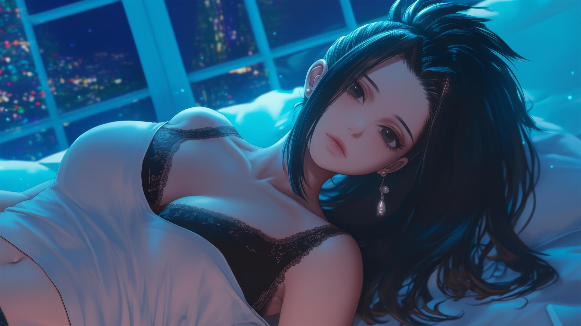 Momo Yaoyorozu from My Hero Academia in a modern hotel room with neon light.