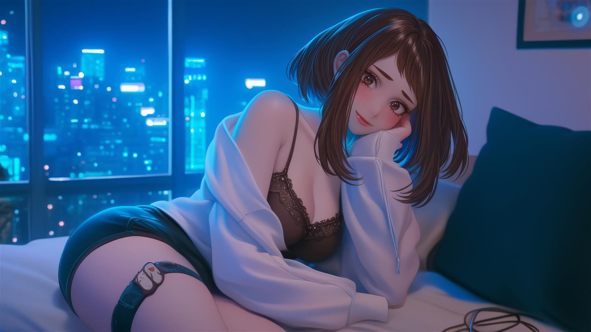 Ochaco Uraraka in a modern hotel room with neon light, auburn hair and eyes, and pink blush.