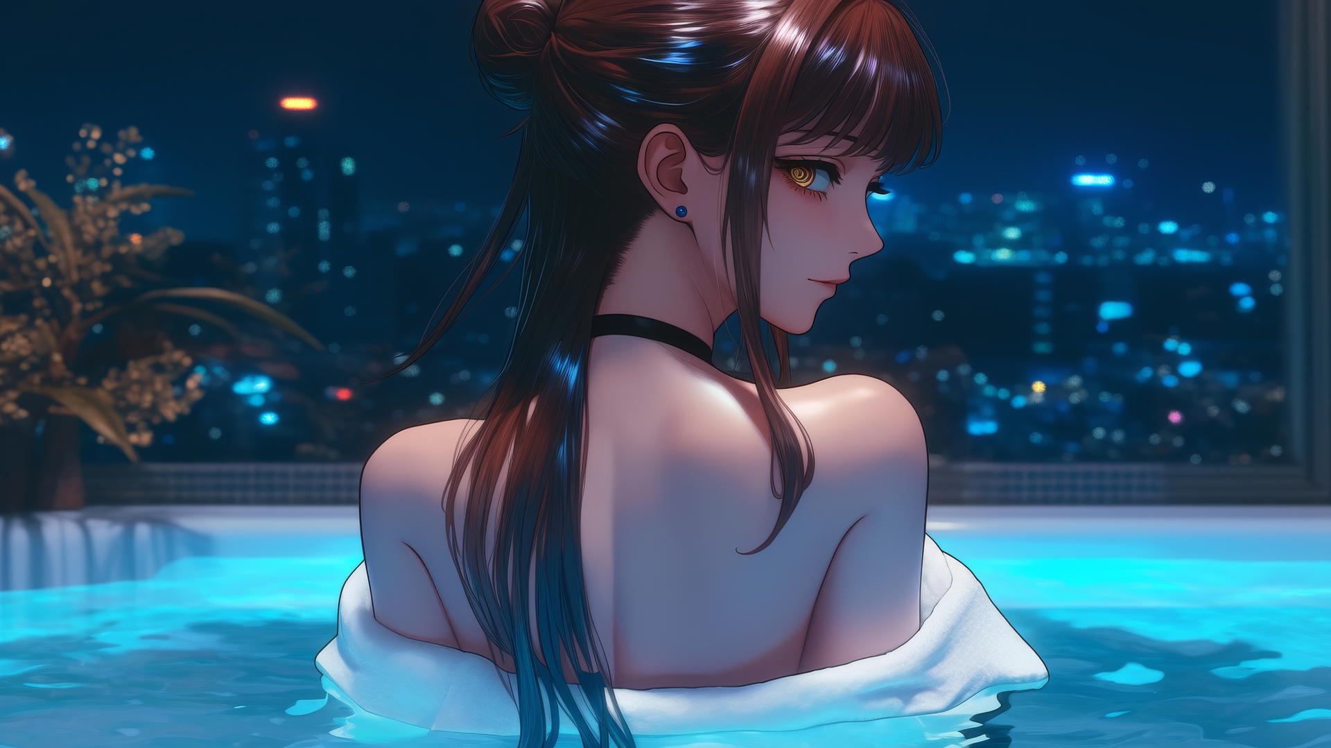 Makima from Chainsaw Man, seen from behind, in a modern apartment with warm light glow
