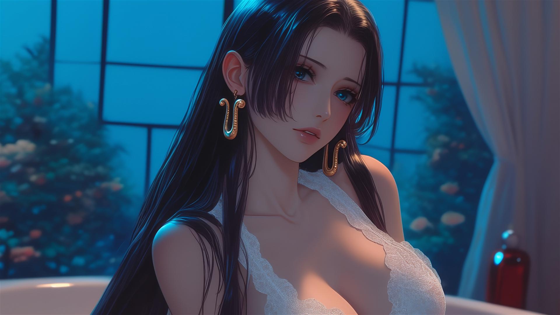 Boa Hancock from One Piece in a white outfit, viewed from behind, standing at a tub in a modern apartment at sunrise.