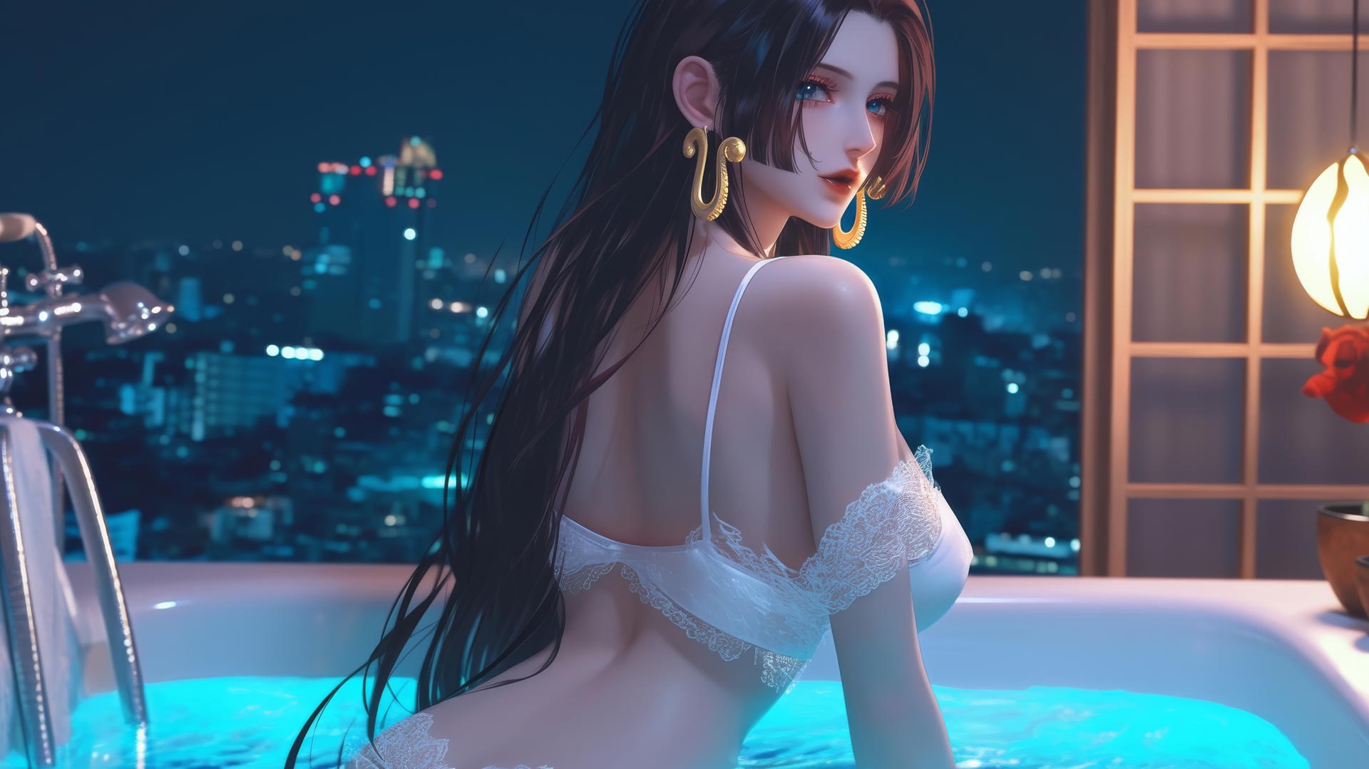 Boa Hancock from One Piece in a tub at sunrise with neon light glow