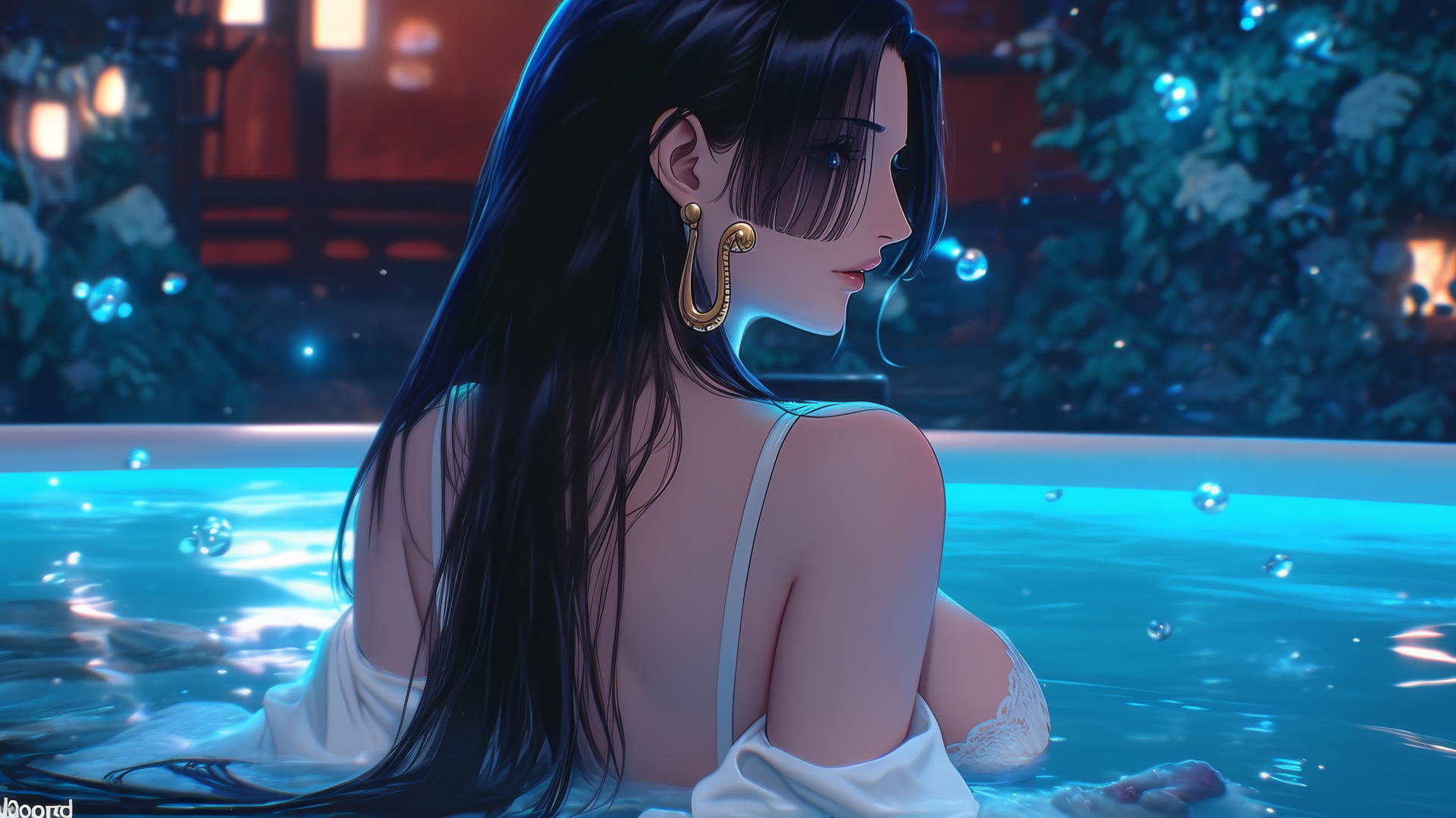 Boa Hancock from One Piece stands in a modern apartment tub at sunrise, with neon light glow.