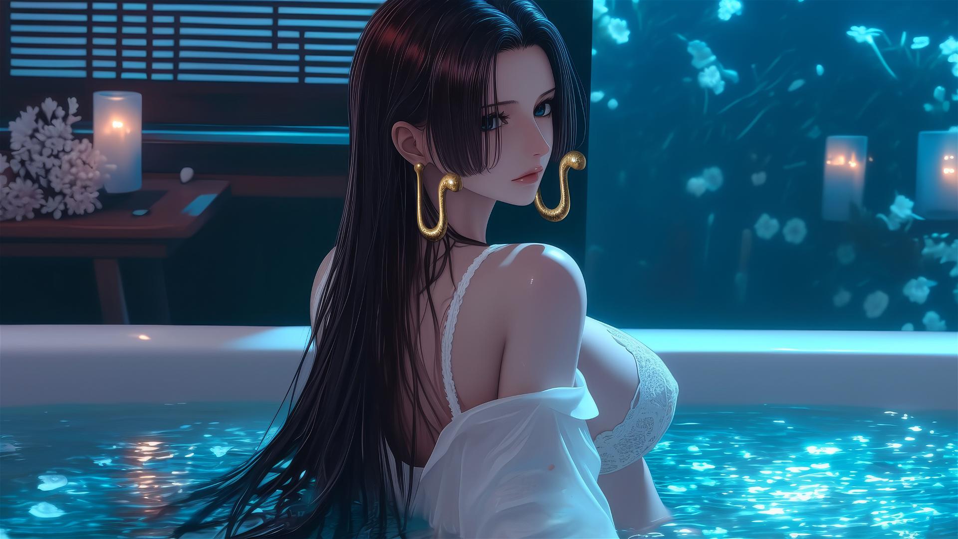 Beautiful Boa Hancock from One Piece in a modern apartment at sunrise, bathed in neon light.