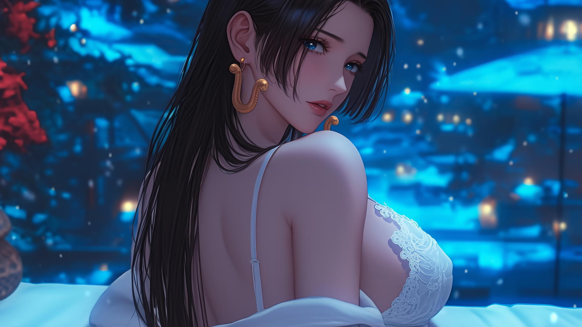 Boa Hancock from One Piece in a modern hotel room with neon light glow