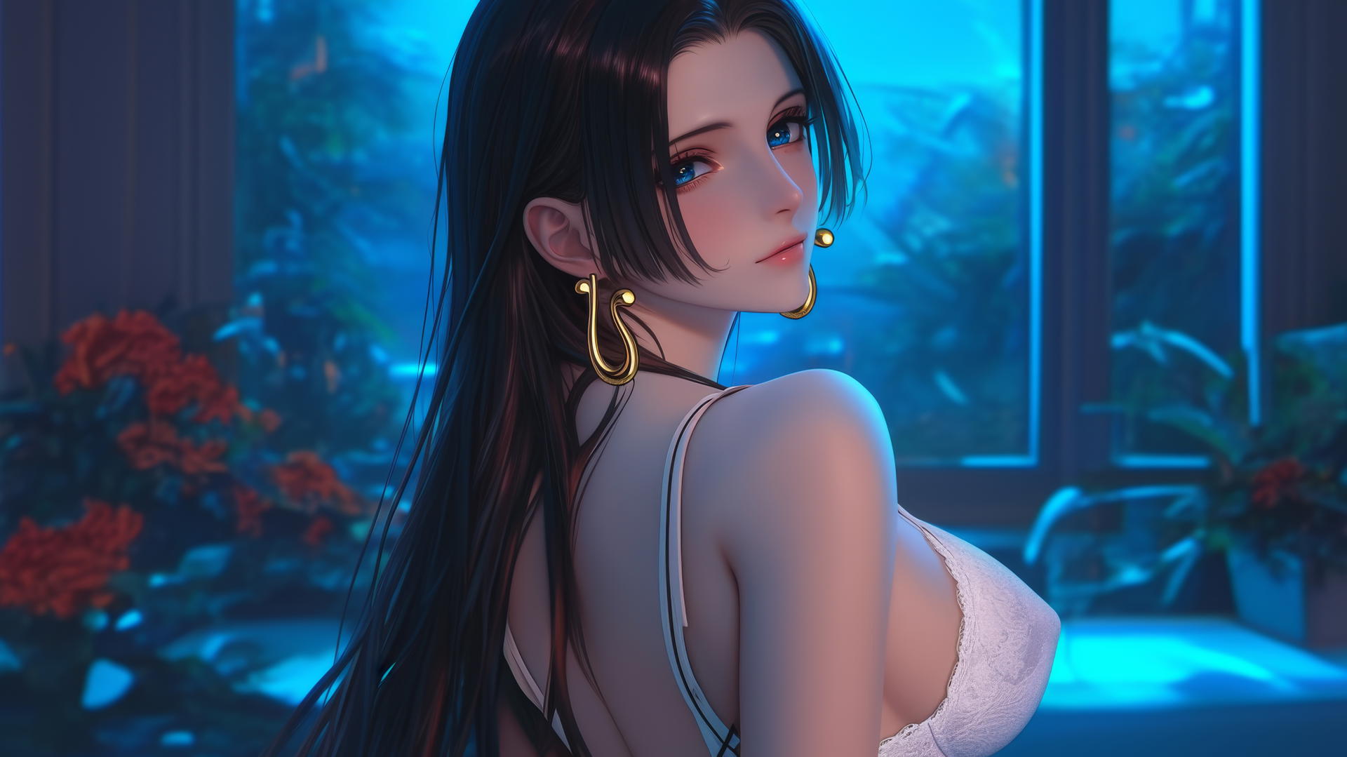 Boa Hancock from One Piece in a modern hotel room with neon lighting