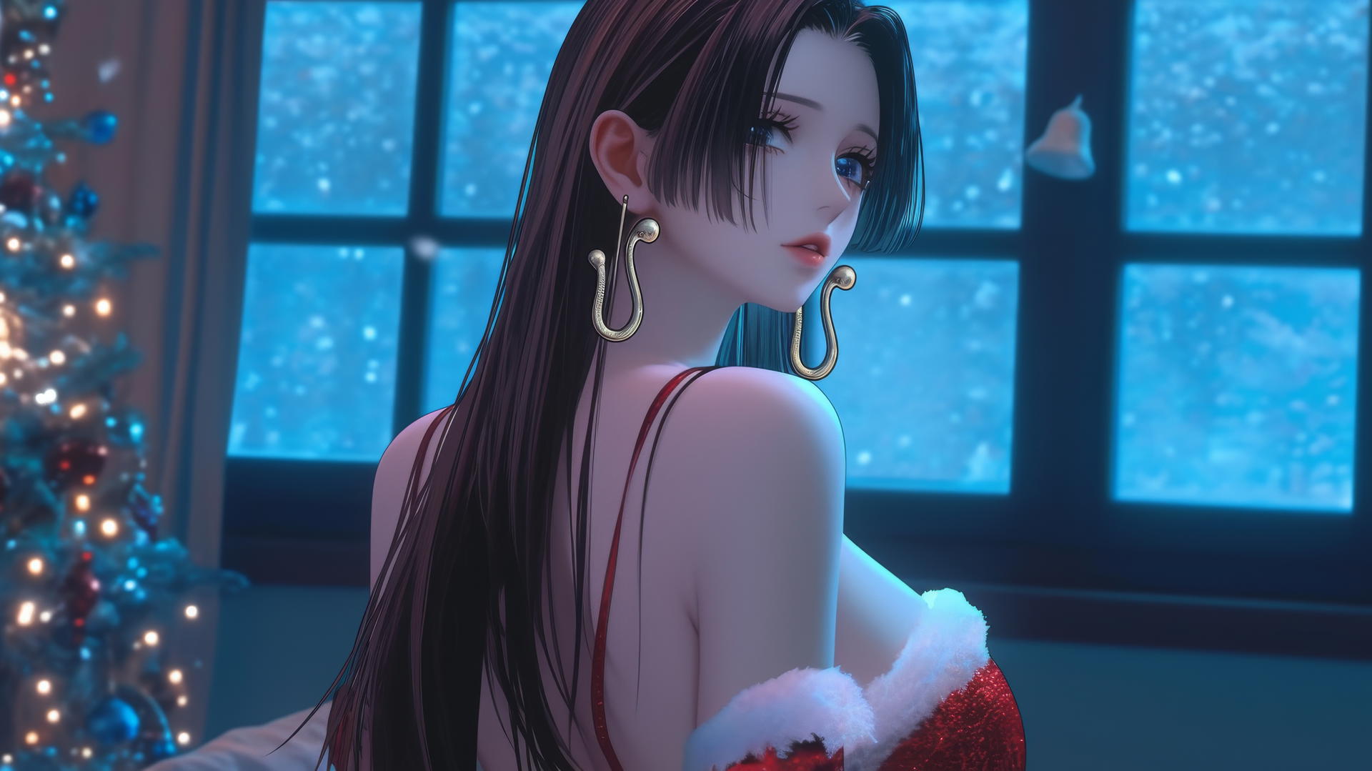 Boa Hancock in a red Christmas costume, modern hotel, soft neon glow