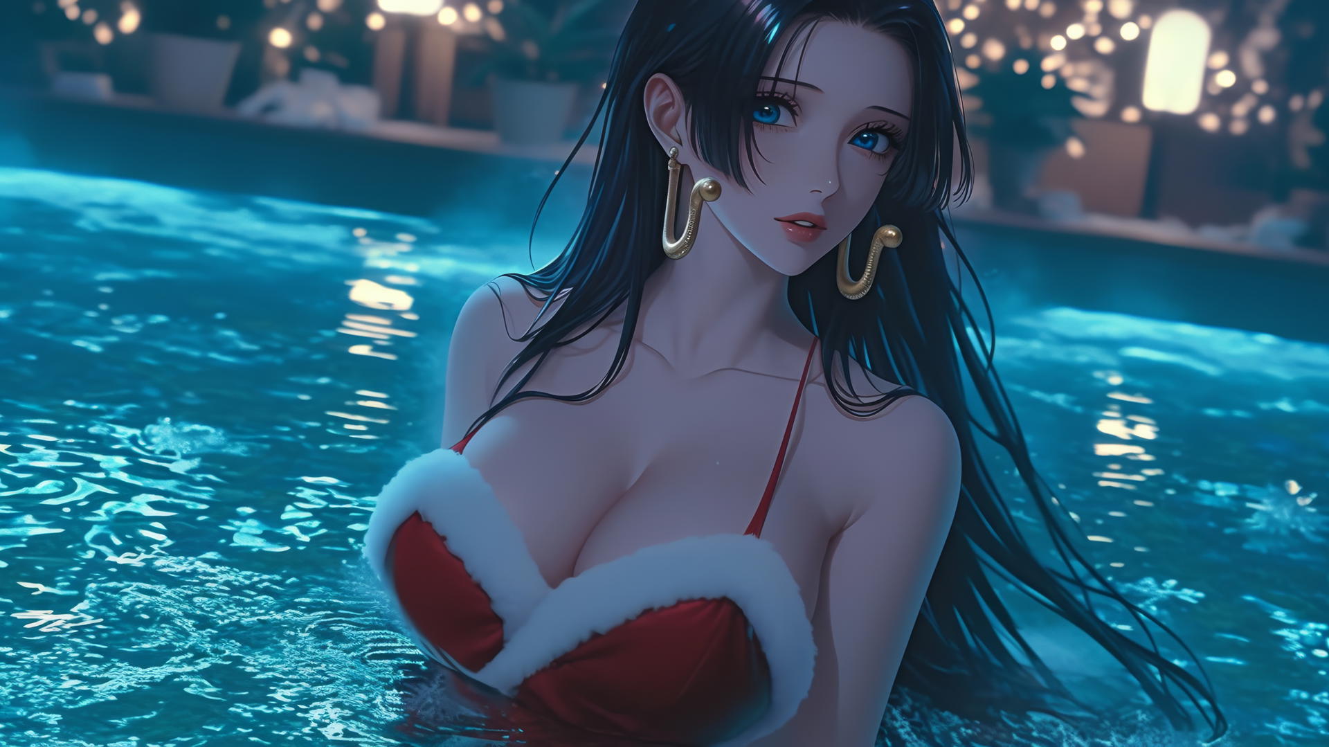Person chasing Boa Hancock in Christmas attire, modern hotel room, neon glow