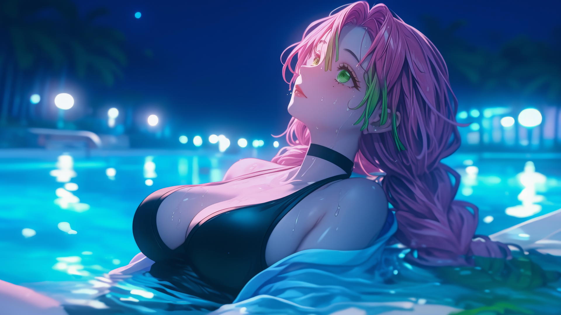 Mitsuri Kanroji from Demon Slayer resting by a rainy swimming pool with moonlight