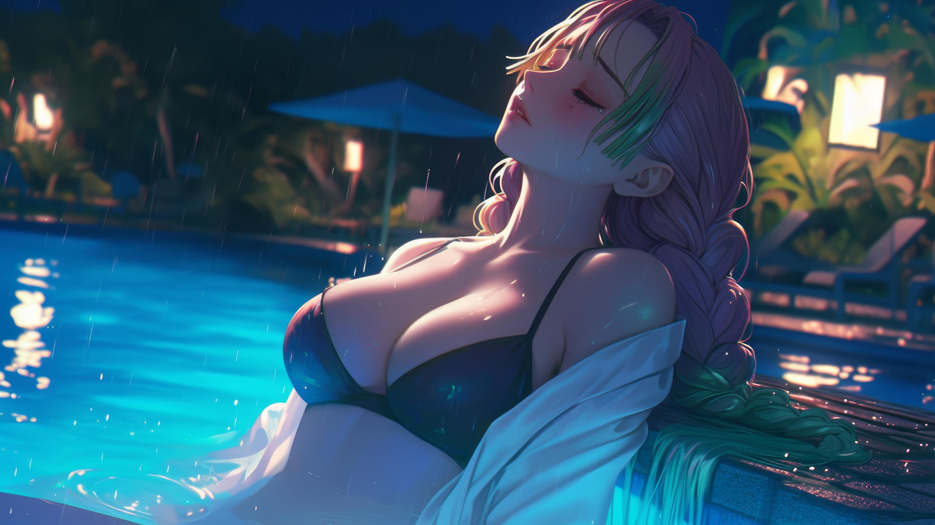 Mitsuri Kanroji from Demon Slayer resting by a rainy swimming pool with moonlight.