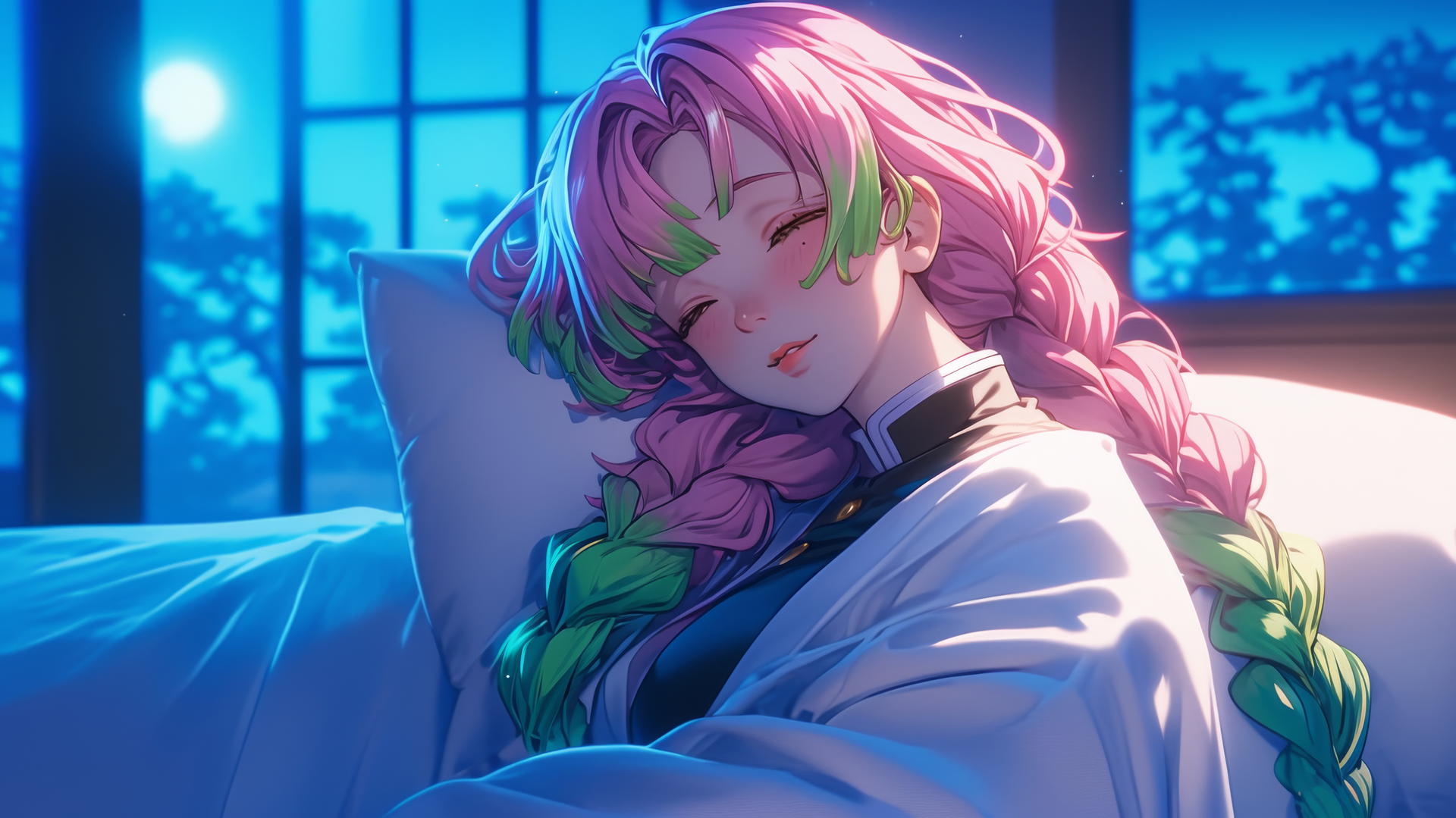 Mitsuri Kanroji resting in a modern hotel room illuminated by moonlight