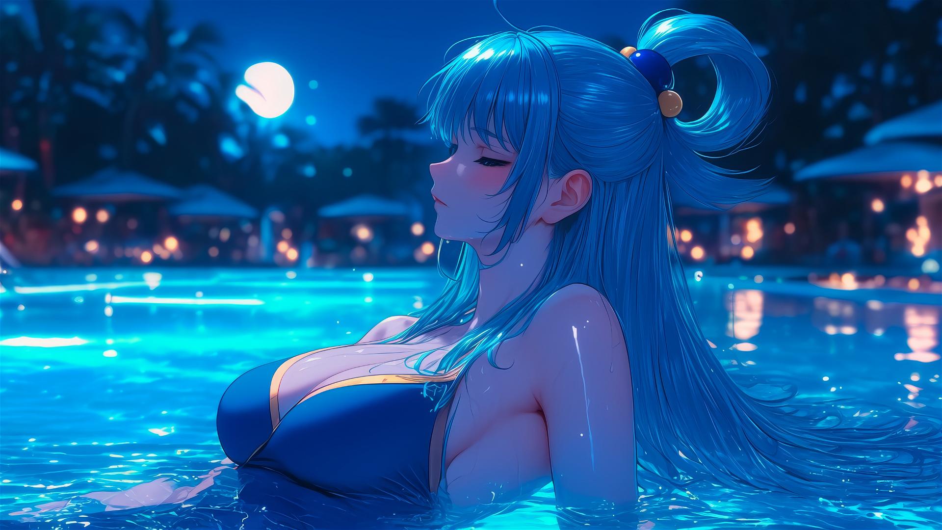 Aqua from KonoSuba resting by a rainy swimming pool with moonlight