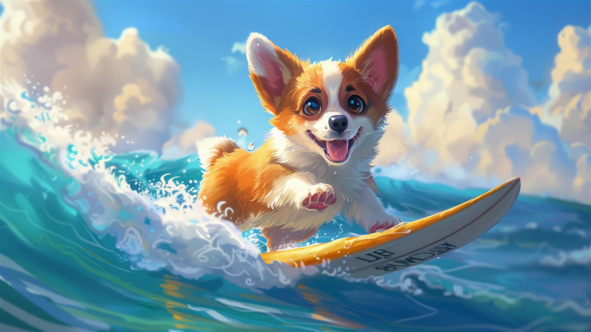 Animated corgi puppy surfing the sea with big eyes and a happy face