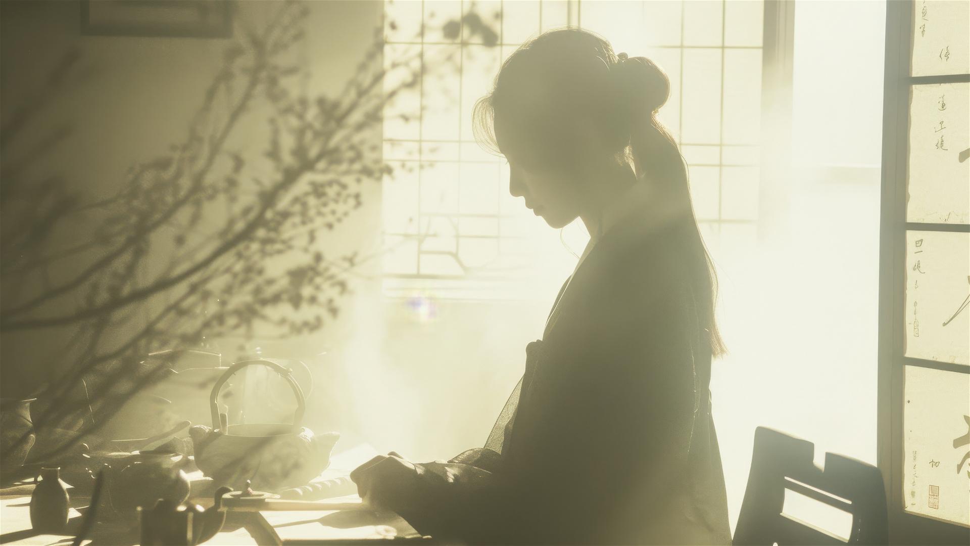 Korean girl with alphabet calligraphy and interesting light play