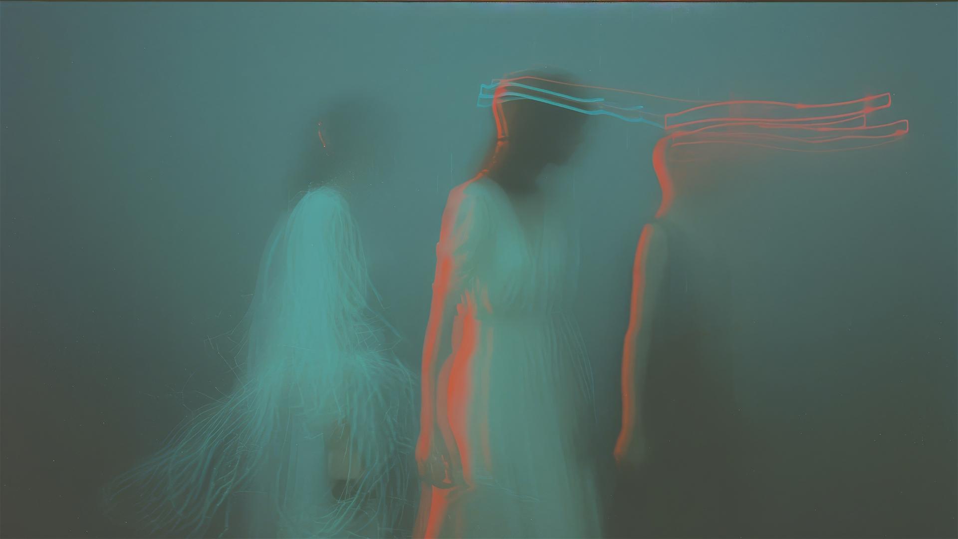 dual figures with ethereal light and neon shadows