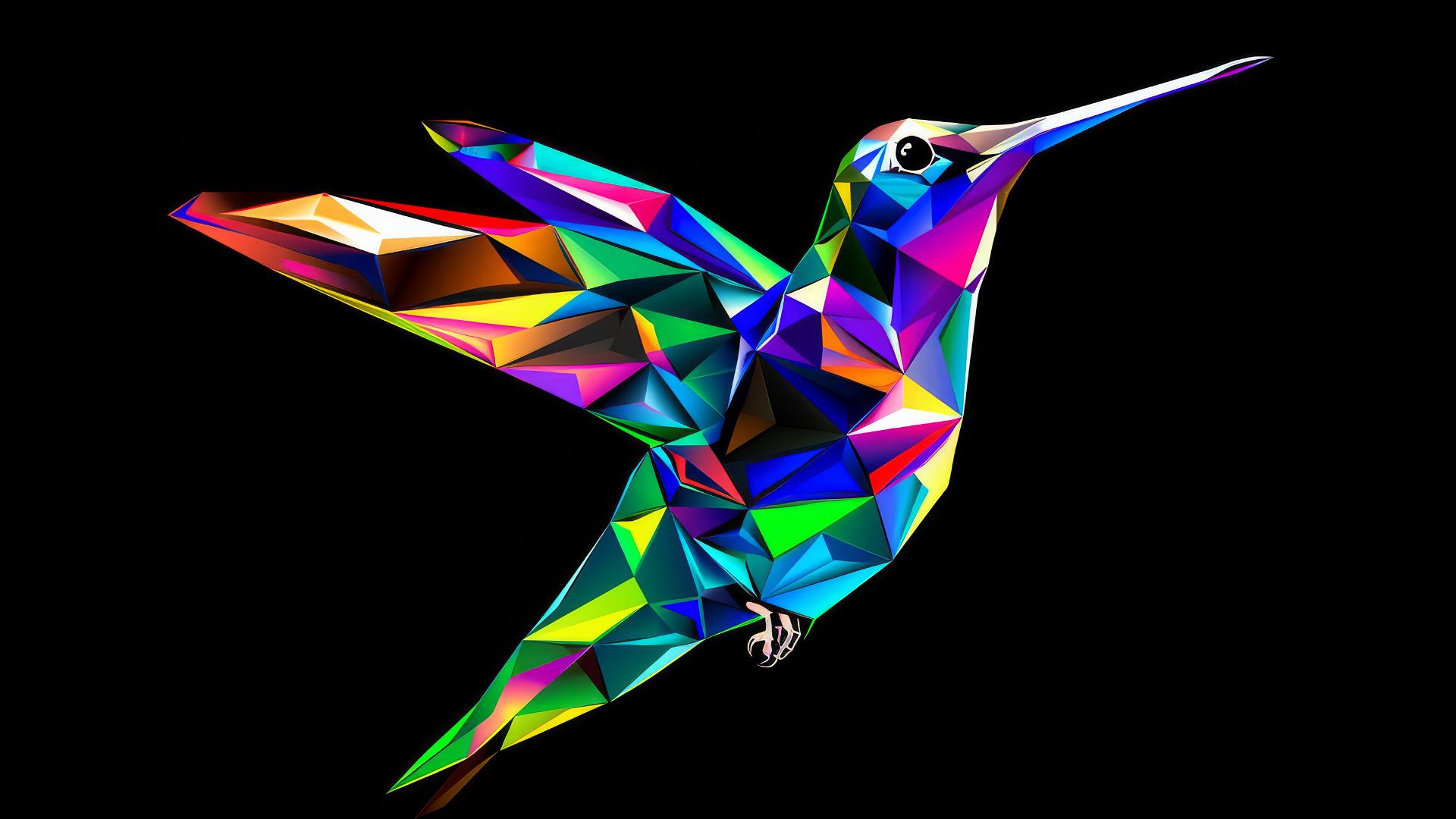 Colorful hummingbird vector illustration on black background with simple lines and colorful gradients.