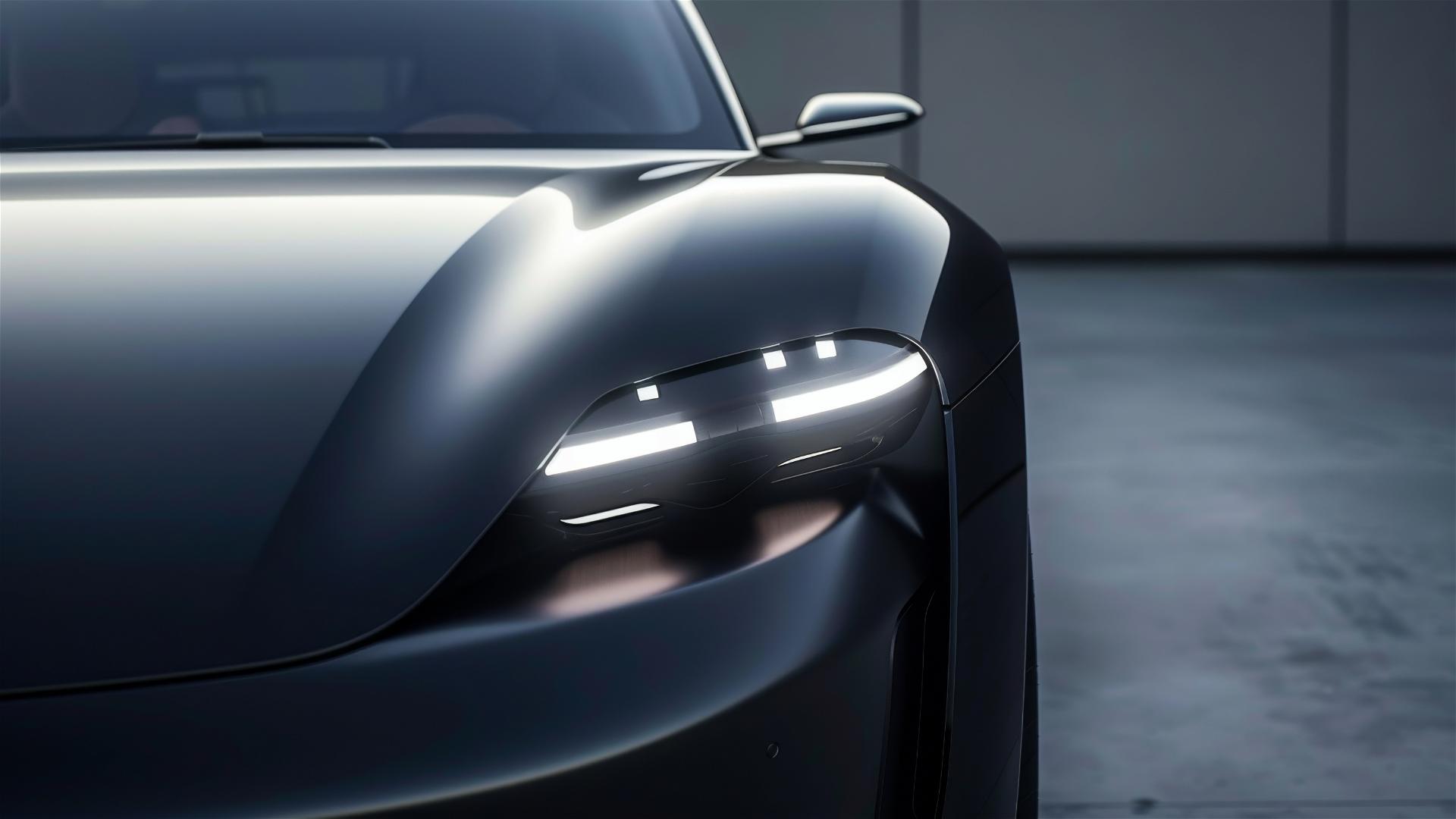 Close-up of electric coupe concept car's headlight with LED strip on dark background.