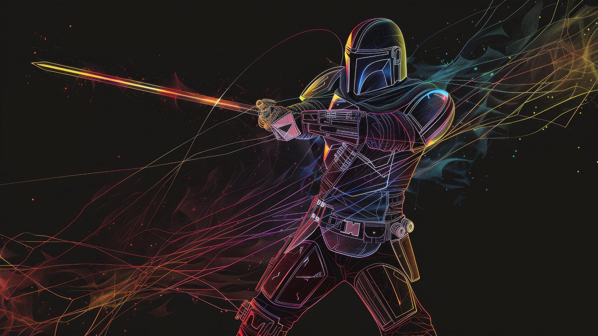 Abstract joyful Mandalorian with transparent sword, white line, colorful neat lines
