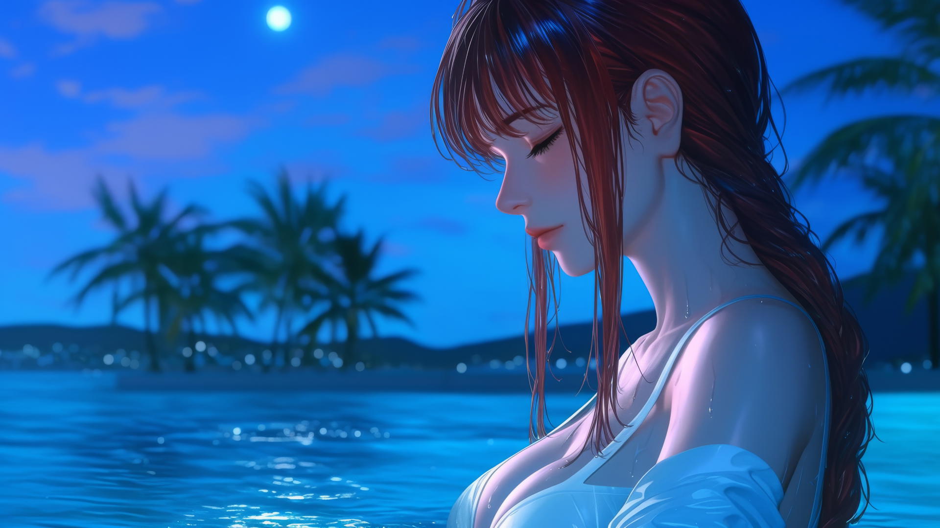 Makima from Chainsaw Man resting at sea during a romantic neon pink sunset.