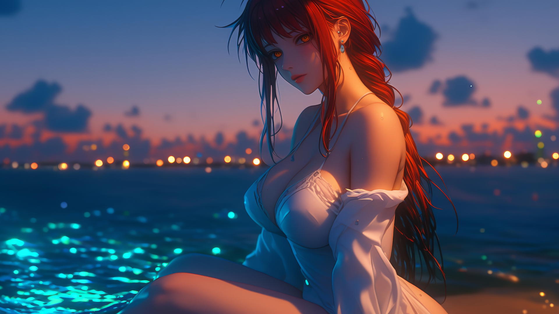 Makima from Chainsaw Man resting at sea during a neon pink romantic sunset.