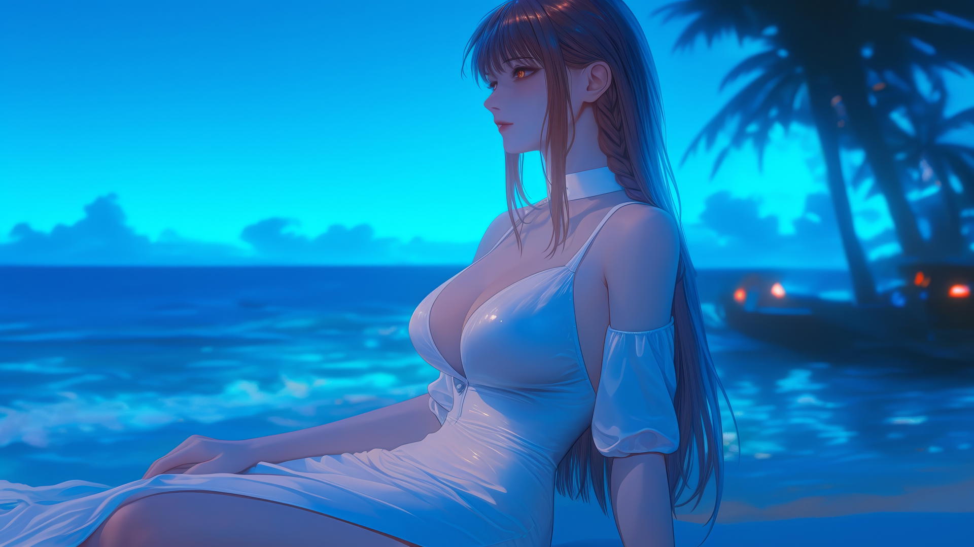 Makima from Chainsaw Man relaxing at sunset with neon pink sky.
