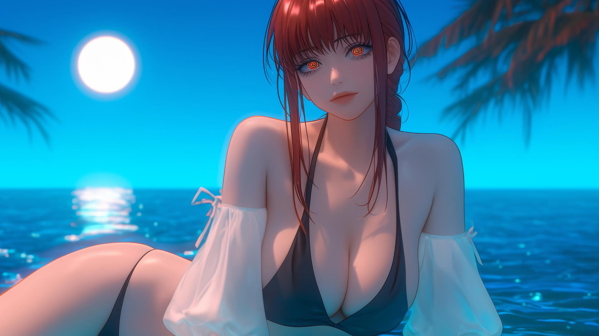 Makima from Chainsaw Man resting at sea during a neon pink sunset with soft neon light.
