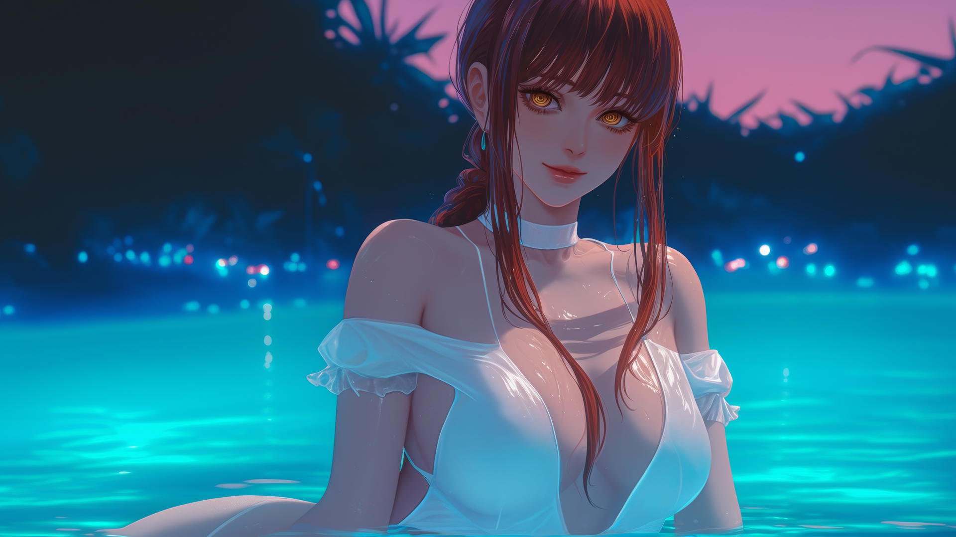 Makima from Chainsaw Man resting at sea during a romantic neon pink sunset