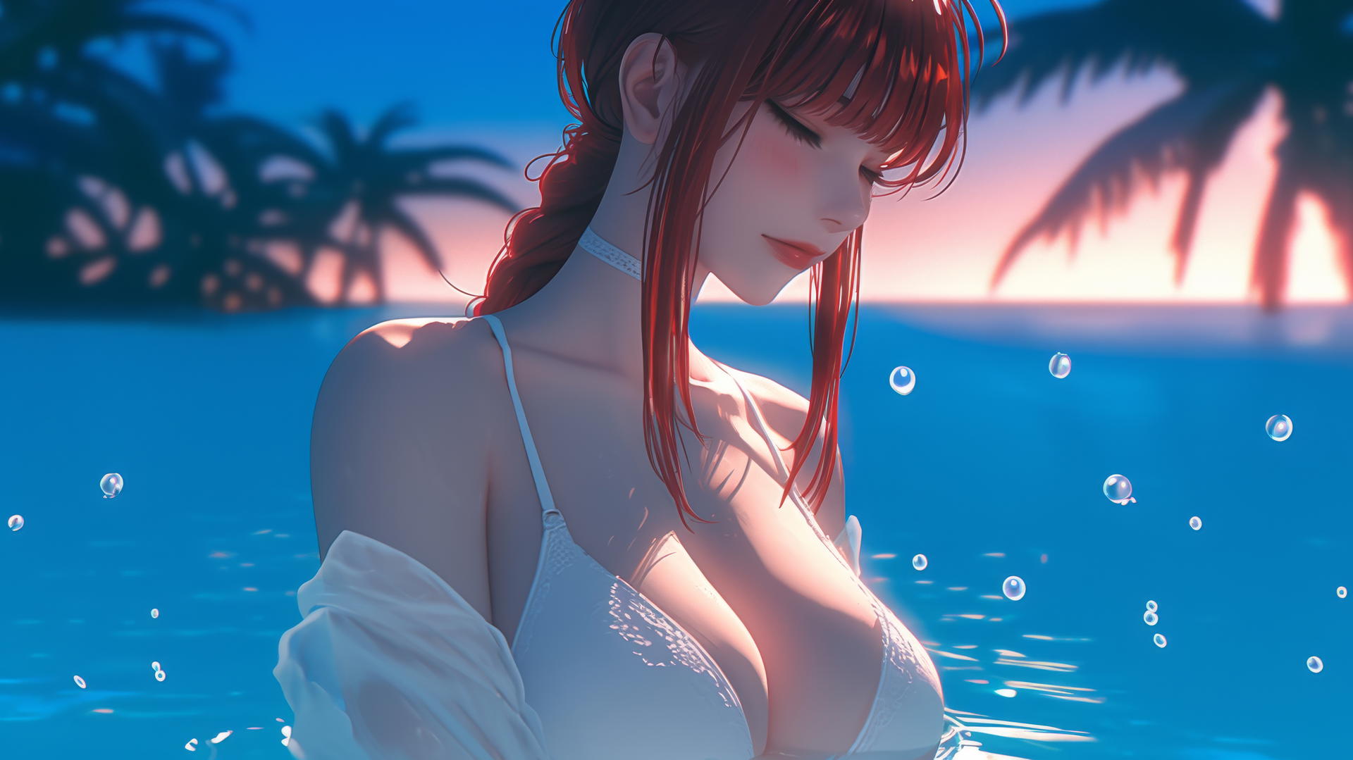 Makima from Chainsaw Man resting at sea during a romantic neon pink sunset with a soft glow