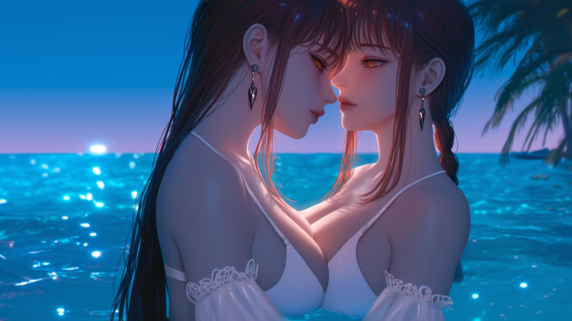 Makima from Chainsaw Man resting at sea during a romantic neon pink sunset