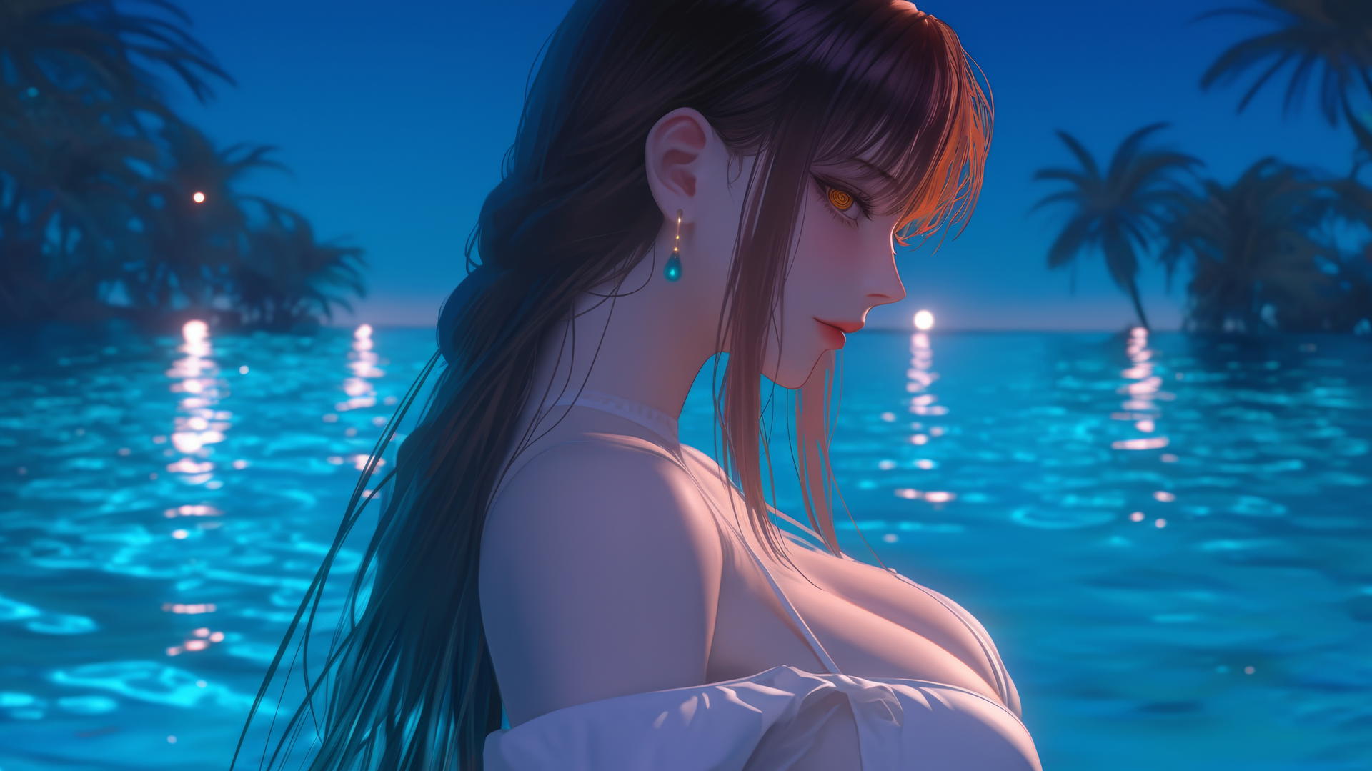 Makima from Chainsaw Man resting at sea during a romantic neon pink sunset