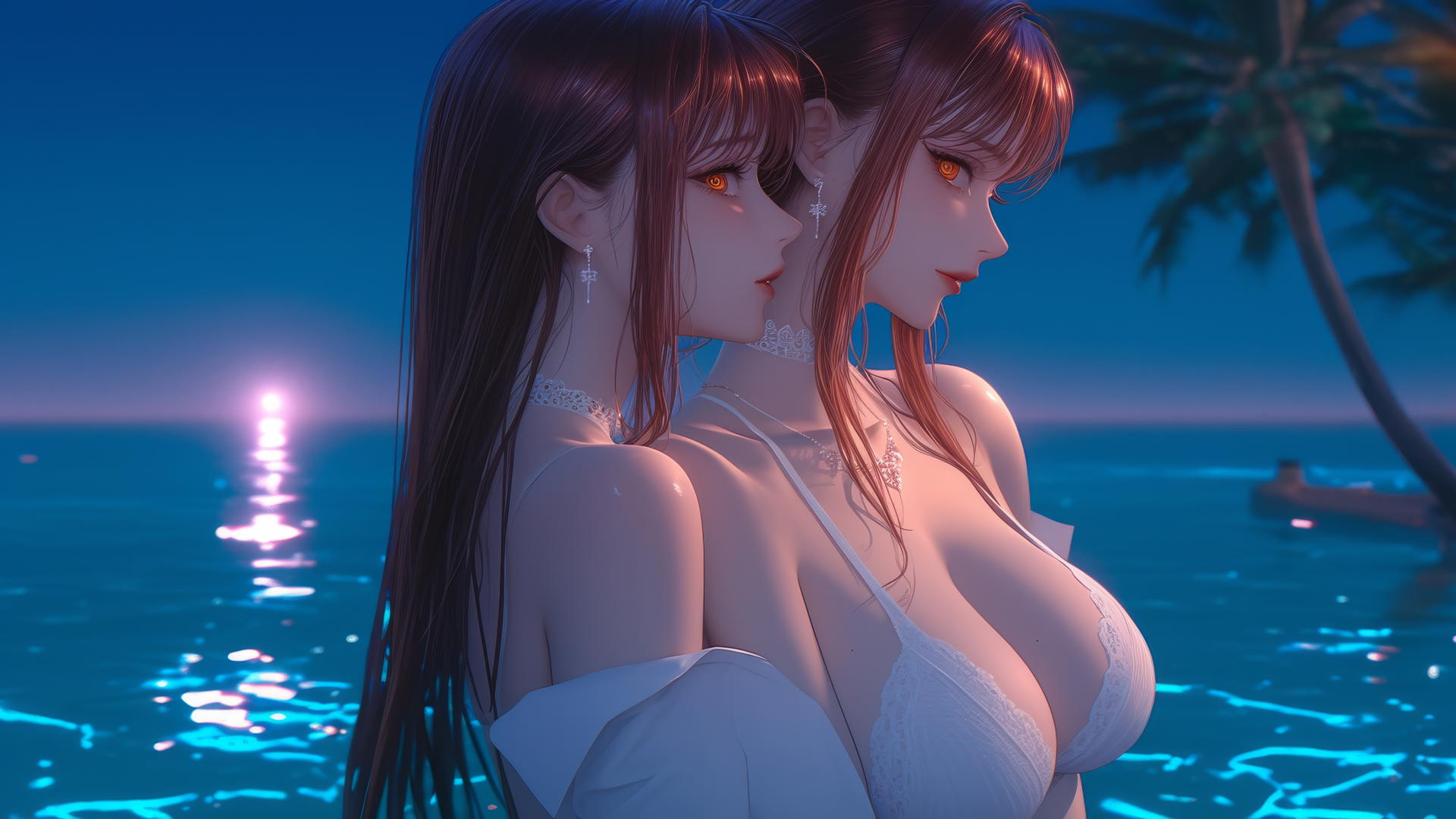 Makima from Chainsaw Man resting at sea at sunset, neon pink sky, soft neon glow