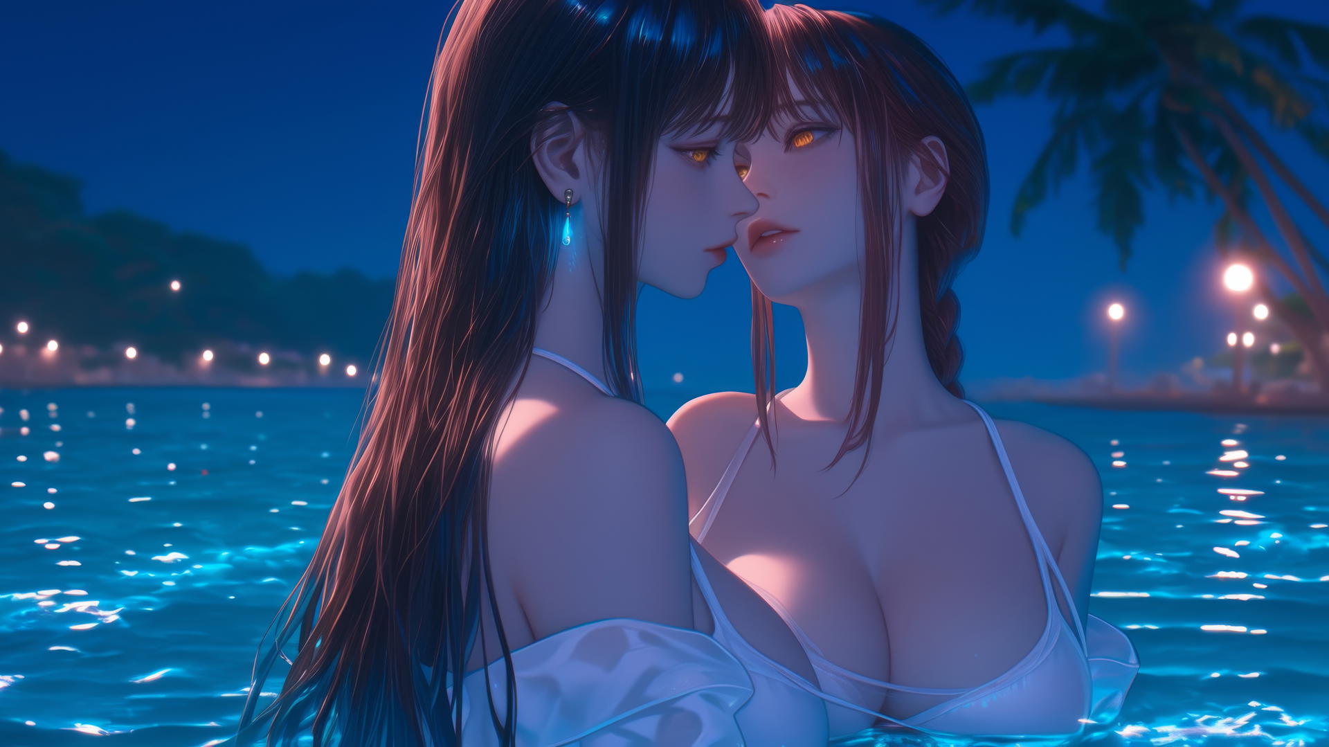Makima from Chainsaw Man resting at sea during a romantic neon pink sunset.