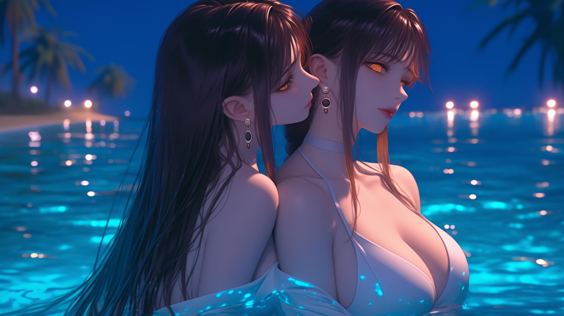 Makima from Chainsaw Man resting at sea during a neon pink sunset