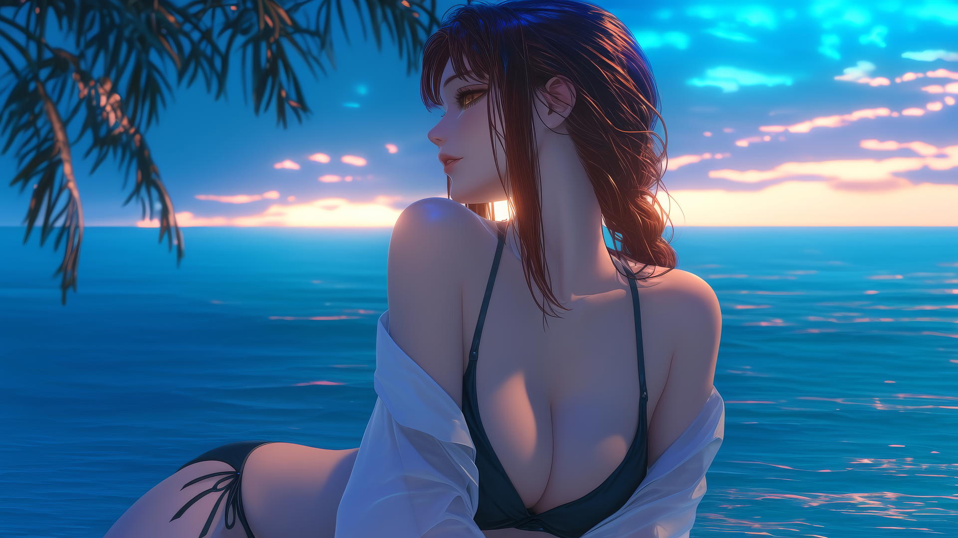 Makima from Chainsaw Man resting at sea during a neon pink sunset