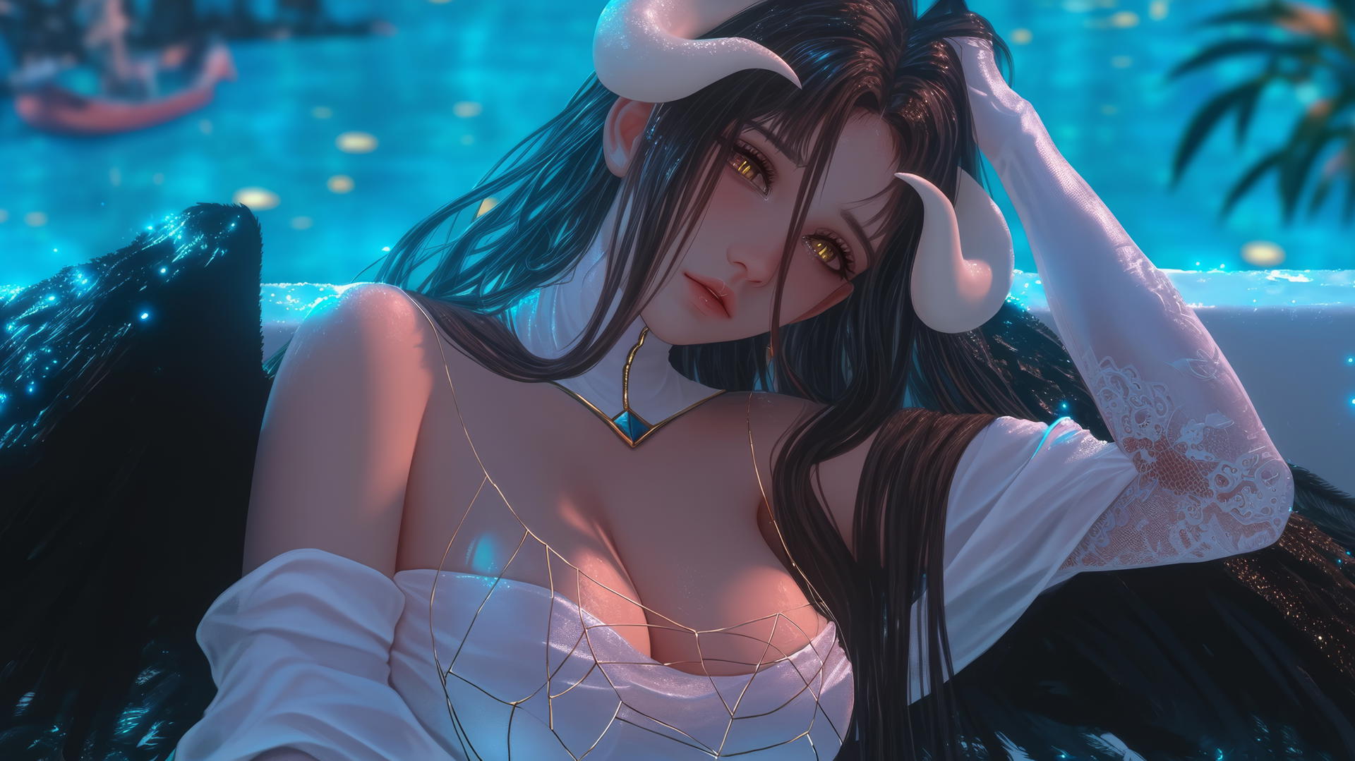 Albedo from Overlord in a hotel room, warm light, golden irises, thick horns.
