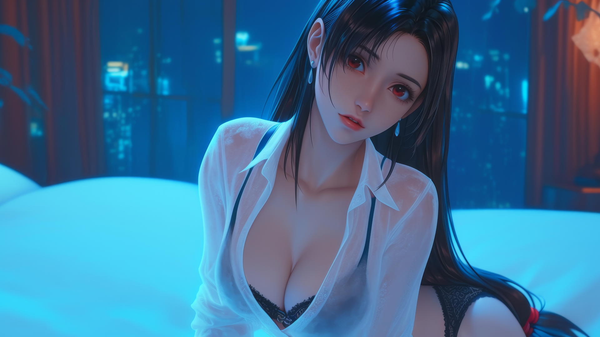 Tifa Lockhart kneeling in white office shirt under neon light in hotel room